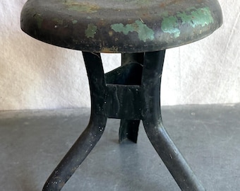 Vintage Metal 3 Leg Stool Black Green Chippy Paint