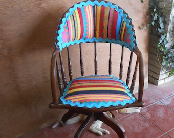 Antique Office Chair Recovered Funky Boho Statement Chair Industrial Age Desk 1940s 40s Wood Spindle Adjustable Vivid Bright Colorful Fabric