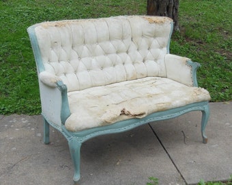 Vintage Settee Loveseat Couch Curvy Leg Tufted Boudoir Furniture Upcycle Project