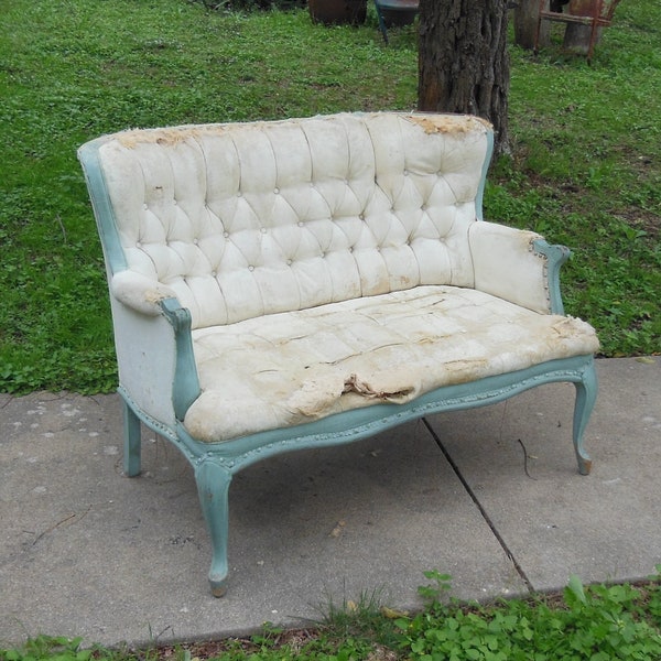 Vintage Settee Loveseat Couch Curvy Leg Tufted Boudoir Furniture Upcycle Project