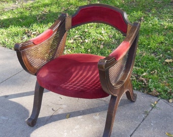 Vintage 1960s Asian Statement Chair Red Velvet Gold Brass Details Cane Chair Eclectic Home Decor X Frame Chair Boho Seating