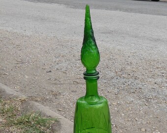 Vintage 22 in Genie Green Bottle Stopper 1960 Glass Decanter Decorative Tall Skinny Bottle Mid Century Modern Decor Decorative Emerald Green