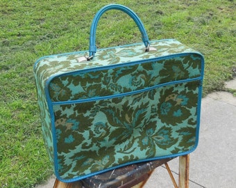 Vintage 1960 Tapestry Brocade Fabric Colorful Suitcase Overnight Bag Weekender Luggage Carpet Bag