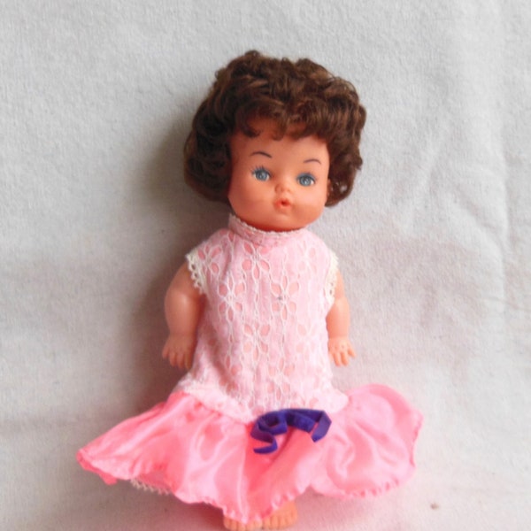 Vintage 1970s Doll Dummy Pacifer Mouth Brunet Hair Doll with Lace Dress