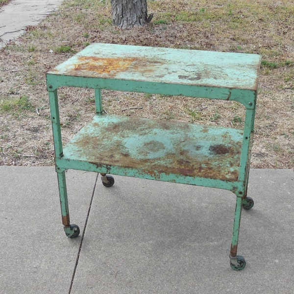 Vintage Metal Steel Industrial Shop Garage Rolling Cart Kitchen Island Bar Cart Serving Cart 2 Tier Shelf Locking Wheels Utility Cart