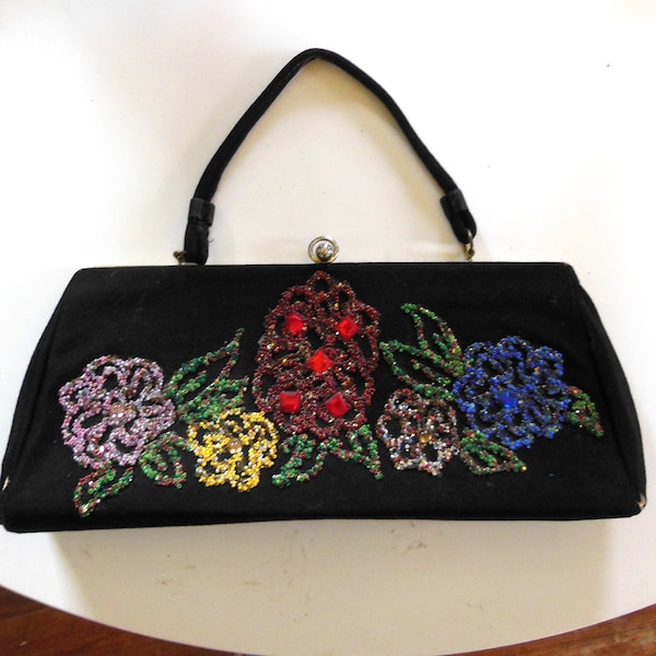 Vintage Caron of Houston Texas Beaded Flower Decoration 1960s Purse Black Handbag with Colorful Beaded Floral Design Seed Beads Rhinestone