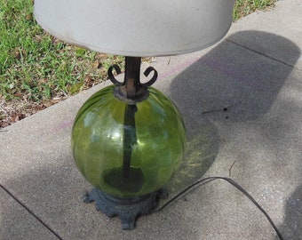 Vintage Green Glass Lamp Round Green Globe Black Wrought Iron Frame 1960s Lighting Mid Century Modern Table Lamp Hollywood Regency Boho