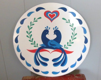 Vintage Handpainted Folk Art Pennsylvania Dutch Barn Hex Sign 2 Distelfinks Valentine Gift Lovebirds on Hardboard 15 1/2 in