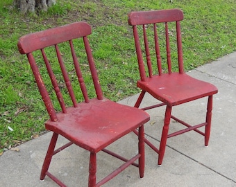 Vintage Pair Solid Sturdy Red Paint Chairs Aged Crackled Patina Quaker Minimalist Modern Farmhouse Wooden Chairs Cottagecore
