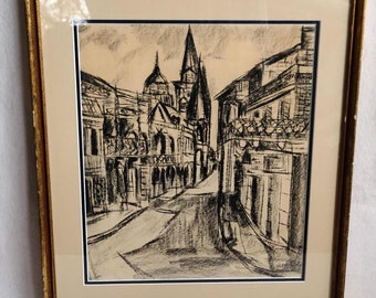 Vintage 1971 Charcoal Drawing European Cityscape