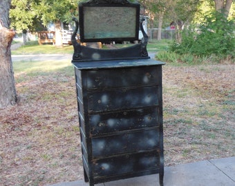 Antique Wood High Boy Dresser Chest of Drawers with Mirror Early 1900s Furniture Oak Wood 5 Drawer Chest Ornate Mirror Farmhouse Cottagecore