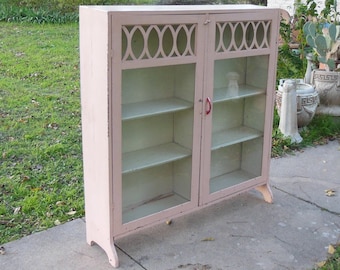 Vintage China Cabinet Bookshelf Storage Cupboard Chippy Pink Paint Cabinet Shelving Display Modern Farmhouse Cottagecore