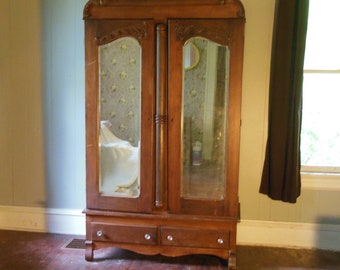 Antique Armoire Wooden Peg Wardrobe Oak Wood 1800s Double Door Beveled Mirror American Made Furniture Modern Farmhouse Cottage Decor