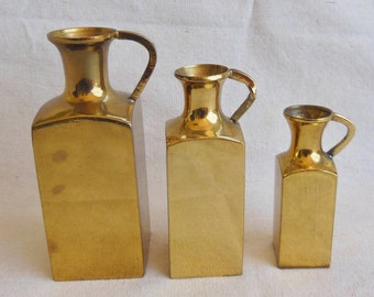 Vintage Brass Pitchers Small Containers Set of 3 Three Brass Decoration 1980s Knick Knack Square Brass Jugs Vase Mini Miniature Ewer