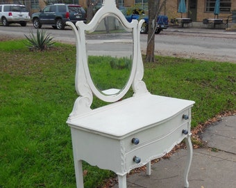 Antique Vanity Dressing Table Writing Desk 2 Drawer Table with Mirror Curvy Legs White Painted Wooden Table Modern Farmhouse Cottage Boho