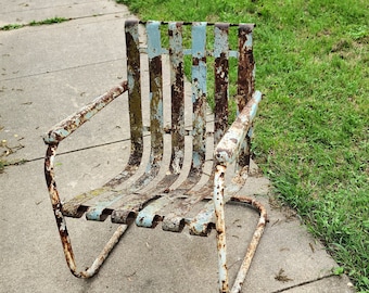 Vintage Cantilever Metal Industrial Lawn Chair Layers of Chippy Paint Yard Art Garden Porch Patio Decor