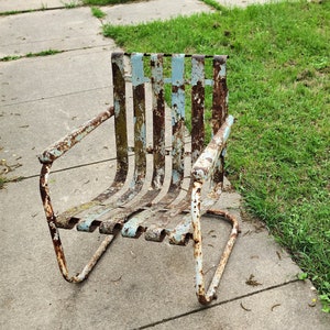Vintage Cantilever Metal Industrial Lawn Chair Layers of Chippy Paint Yard Art Garden Porch Patio Decor