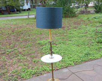 Vintage Mid Century Italian Made Marble Floor Lamp with Floating Table Shelf Hollywood Regency Brass Cherub