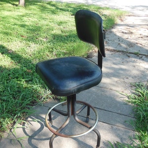 Vintage Metal Stool Industrial Drafting Stool Adjustable Height Back Office Workplace Utility Swivel Machine Age Mid Century Upholstered