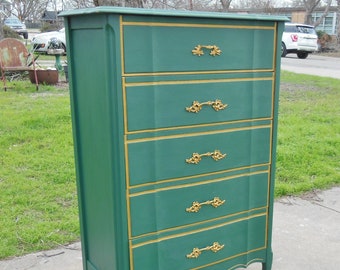 Vintage Dresser Chest of 5 Drawers New Forest Hunter Green Paint Gold Details 1980s French Provincial  Modern Farmhouse Boho Cottage Decor