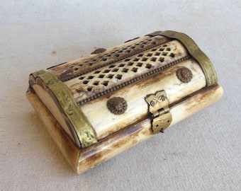 Vintage Handmade Camel Bone Brass Hadware Treasure Chest Trinket Holder Lined Jewelry Box