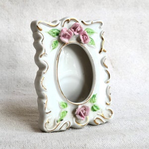 Vintage Porcelain Ceramic Small Size Picture Frame Free Standing Decorated with Pink Roses Flowers