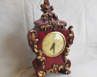 Vintage Plaster Chalk Ornate Heavy Decorative Clock Electric Ornamental Red Burgundy Gold Clock Gaudy Grandiose Mantle Clock Non Working