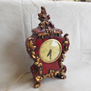 Vintage Plaster Chalk Ornate Heavy Decorative Clock Electric Ornamental Red Burgundy Gold Clock Gaudy Grandiose Mantle Clock Non Working