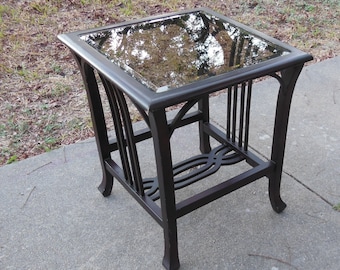 Vintage Wood Glass Top Table End Table Side Table Lamp Table Bedside Table Beveled Glass Wooden Frame Modern Farmhouse Cottagecore