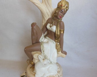 Vintage Large Plaster Chalk Lamp Black Dancer Nubian Queen Chalkware African American Black Queen Pet Fawn Deer 1950s Mid Century Lighting