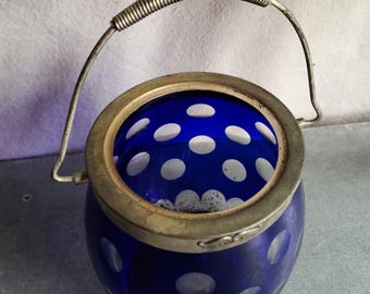 Antique Coblat Cut to Clear Glass Biscuit Jar Polka Dot Pattern