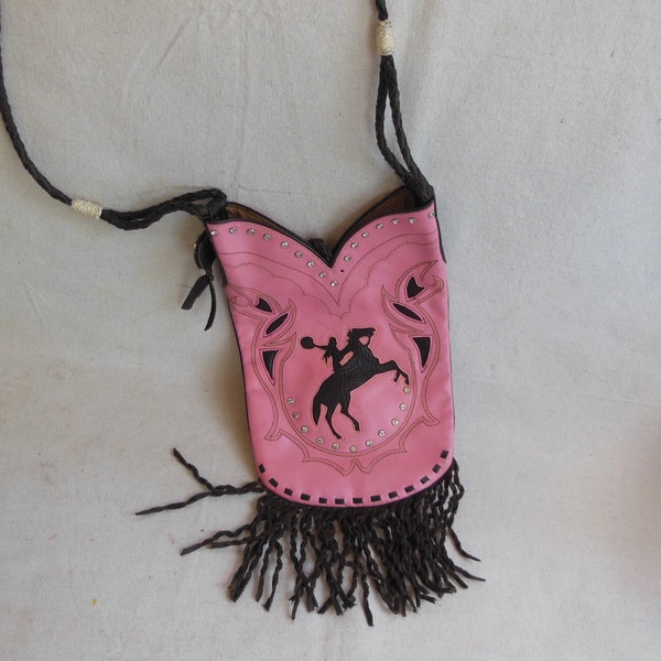 Vintage Western Pink Leather Purse Montana Silversmith Crossbody Bad Long Handle Purse Boot Purse Cowgirl Chic Rhinestones Fringe Concho Bag