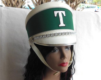 Vintage 4 Available High School Marching Band Hat Green White T Emblem Old School Salvage Costume Theatre Parade Includes Carrying Case