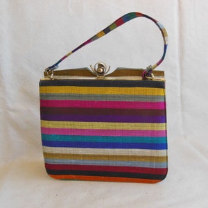 Vintage 1960s Purse Multi Color Stripe Silk Fabric Leather Top Handle Bag Evening Bag Colorful Vibrant Striped Fabric Rich Dark Colors Retro