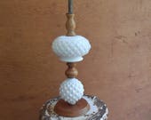 Vintage MCM 1950s Hobnail Milk Glass Table Accent Lamp Diamond Pattern Design Glass Wood Lighting