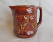 Antique Brown Glaze Pitcher Trees Earthenware Pottery Stoneware Crock Drinking Pitcher Crockery Tree Nature Theme Farmhouse Cottage Kitchen