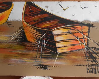 Vintage Oil Acrylic Painting Row Boats Original Artwork Signed by Artist Brent Water Seagulls 1970s Earth Tones Large Artwork Wall Hanging