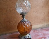 Vintage Gone With the Wind Style Lamp Fenton Round Glass Base Round Globe Shade Clear Amber Glass Lamp Table Accent Lighting Ornate Metal