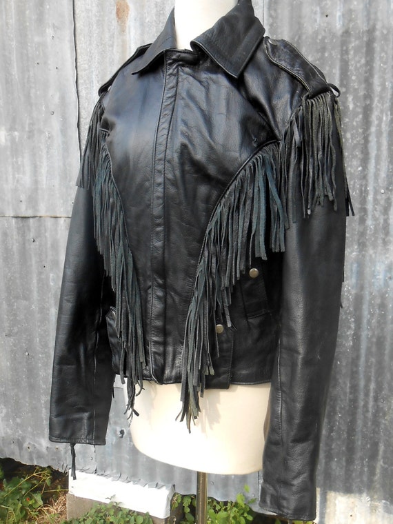 Black Leather Biker Jacket with Fringe - image 2