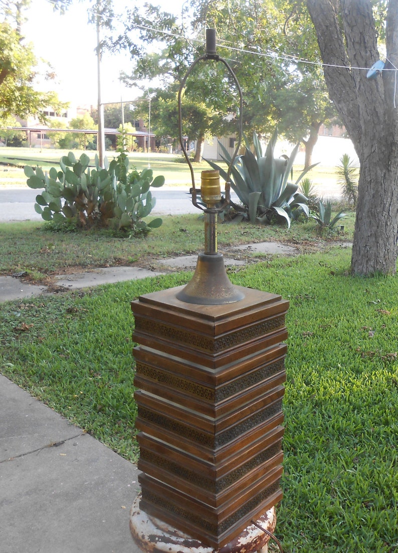 Vintage 1960s Stacked Wood Brass Large Table Accent Lamp Cubist Sculpture Block Unique Design has Lucite Brass Wood Boho Modern Farmhouse image 1