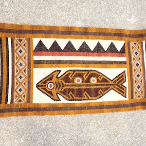Wool Hand Woven Rug Tribal Zapotec Fish Folk Art Wall Tapestry