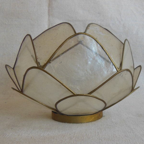 Vintage Capiz Oyster Candleholder Boho Decor Brass Thin Shell Opaque Lotus Flower Scalloped Design Bohemian Cottage Hippie Chic Boudoir