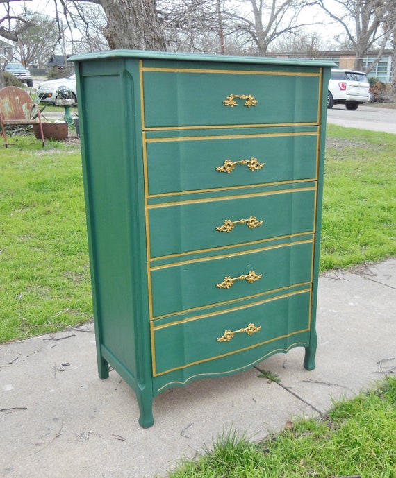 Vintage Dresser Chest of 5 Drawers New Forest Hunter Green Paint