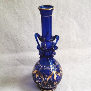 Vintage Blown Art Glass Vase Cobalt with Gold Decoration Bohemian Style