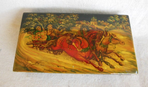 Vintage Palekh Russian Black Lacquered Box Handpa… - image 1