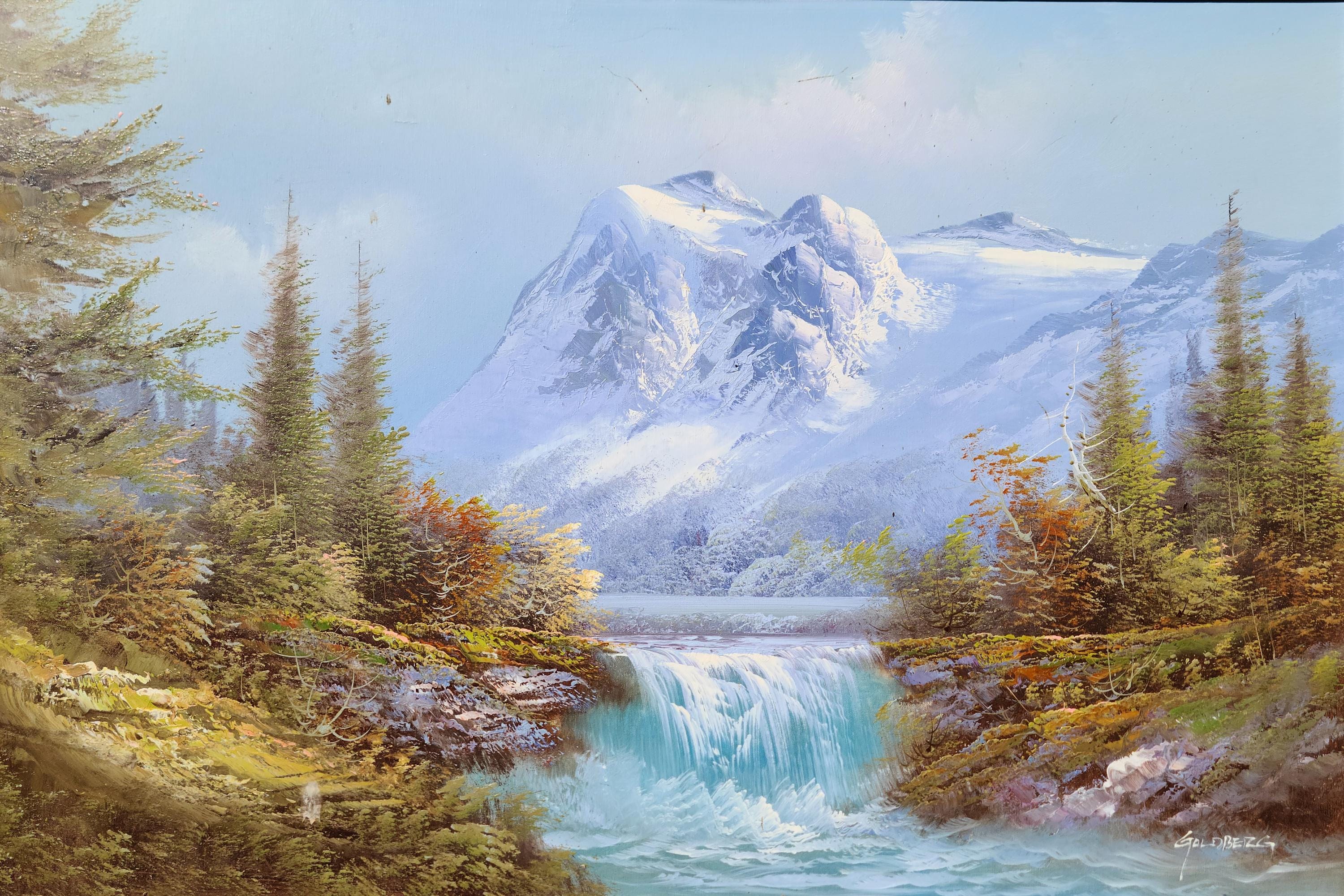Vintage Goldberg Painting 42 X 30 Mountain Waterfall Landscape