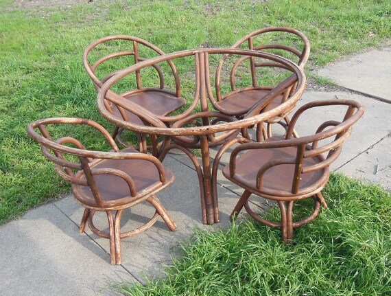 Vintage Brown Jordan Rattan Patio Set Bentwood Table 4 Chairs Etsy