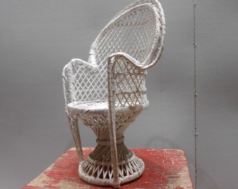 Vintage Mini Miniature Peacock Chair Doll Size Rattan Wicker Woven  Boho Bohemain Plant Stand White Painted Hippie Chic Child Kid Room Decor