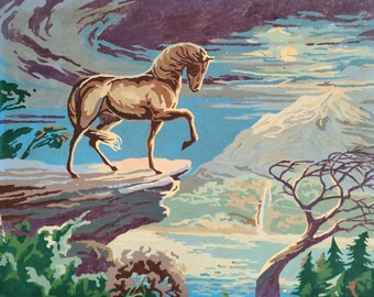 Vintage 20 X 16 Horse on Cliff Paint by Number Horse in Moonlight