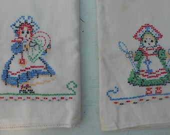 Antique Cross Stitch Embroidered Dutch Girl Tea Towels